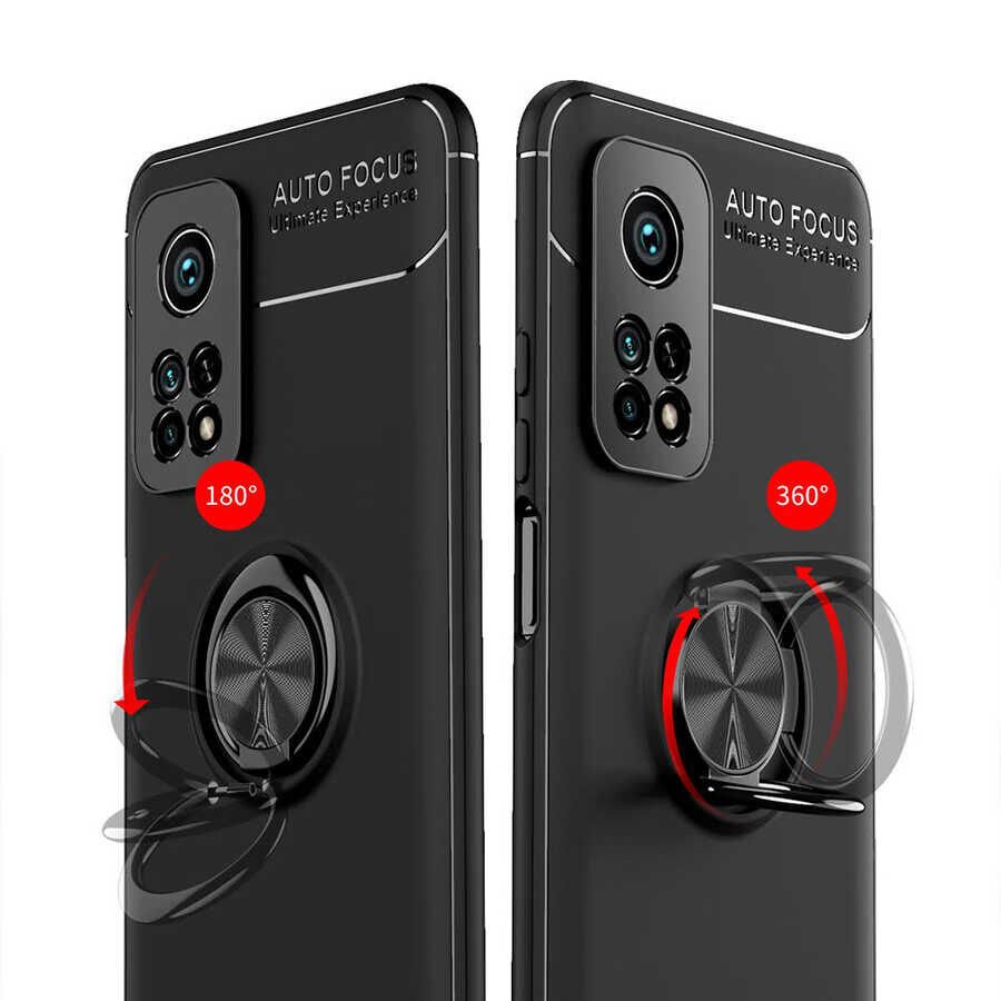 Xiaomi Mi 10T 5G Kılıf Kamera Çıkıntılı Renkli Yüzüklü Standlı Mıknatıslı Kapak (RAVEL) Kırmızı