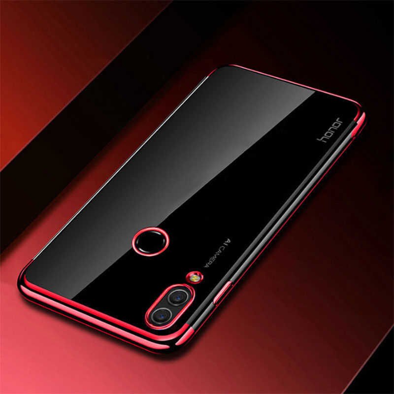 Huawei Y7 Prime 2019 Kılıf Dört Köşe Renkli Lazer Şeffaf Silikon Kapak (GLİTTER) Kırmızı