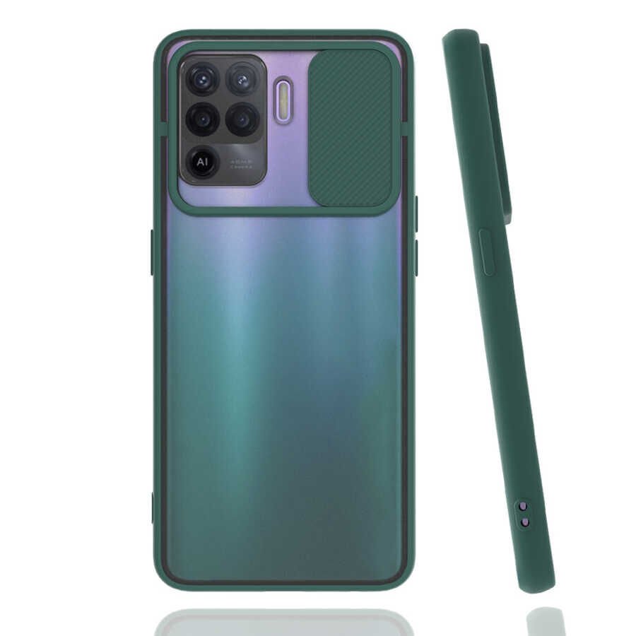 Oppo Reno 5 Lite Kılıf Slayt Sürgülü Kamera Korumalı Renkli Silikon Kapak Koyu Yeşil