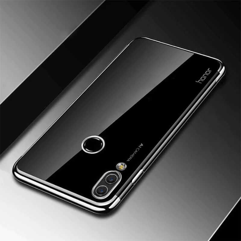 Huawei Y7 Prime 2019 Kılıf Dört Köşe Renkli Lazer Şeffaf Silikon Kapak (GLİTTER) Gri