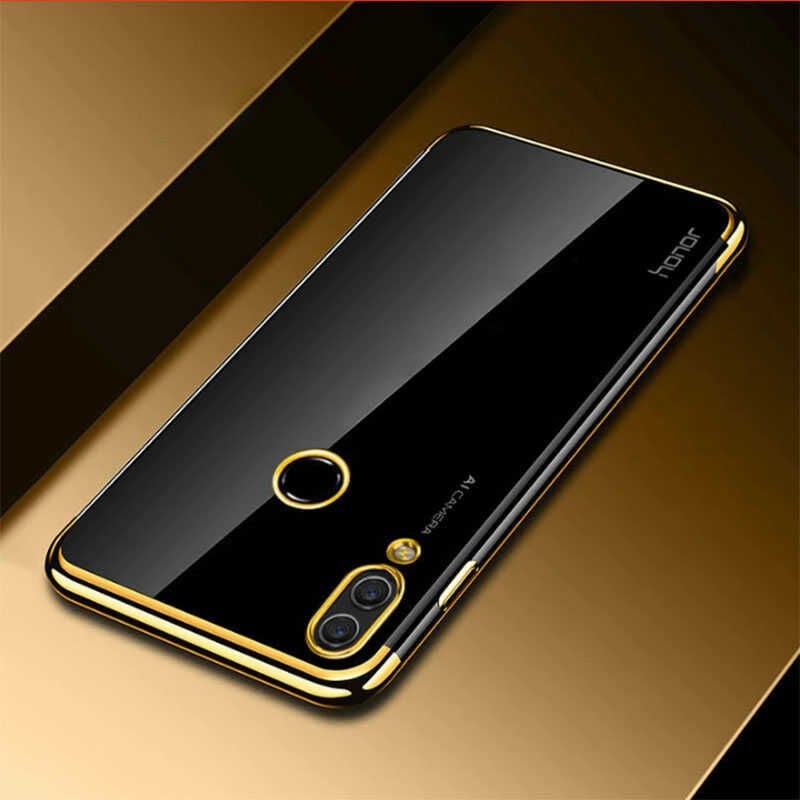 Huawei Y7 Prime 2019 Kılıf Dört Köşe Renkli Lazer Şeffaf Silikon Kapak (GLİTTER) Gold