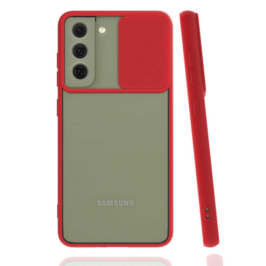 Samsung Galaxy S21 FE Kılıf Slayt Sürgülü Kamera Korumalı Renkli Silikon Kapak Kırmızı
