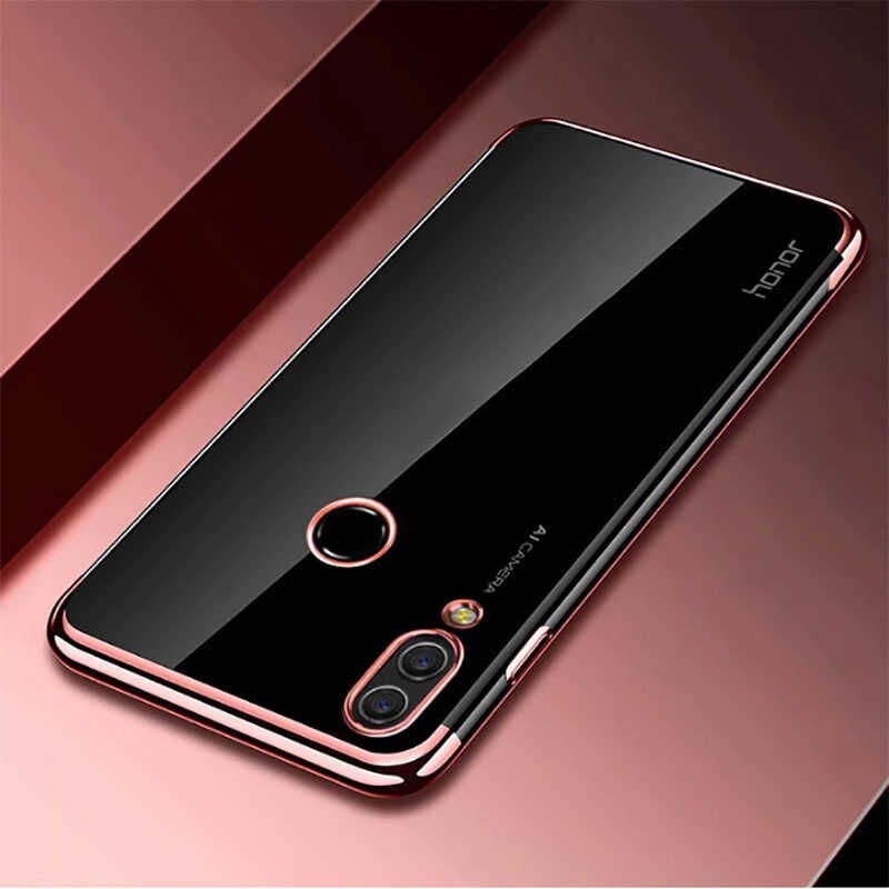 Huawei Y7 Prime 2019 Kılıf Dört Köşe Renkli Lazer Şeffaf Silikon Kapak (GLİTTER) Rose Gold