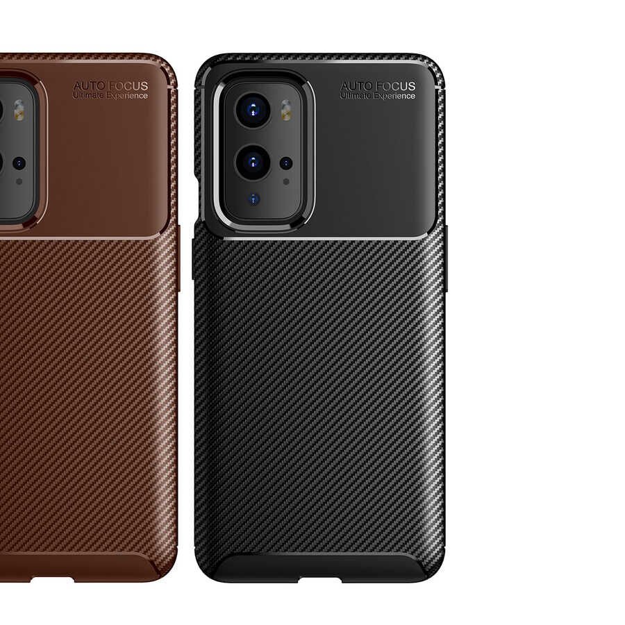 One Plus 9 Pro Kılıf Kamera Çıkıntılı Karbon Fiber Dokulu Renk Atmaz Kapak (NEGRO) Kahverengi