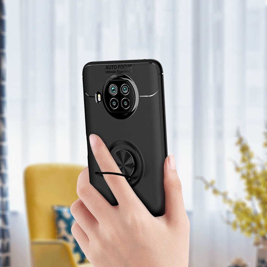 Xiaomi Mi 10T Lite 5G Kılıf Kamera Çıkıntılı Renkli Yüzüklü Standlı Mıknatıslı Kapak (RAVEL) Siyah-Kırmızı