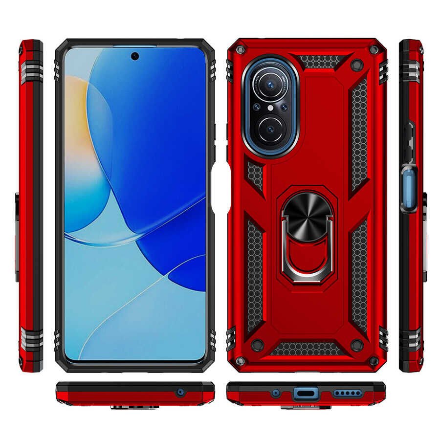 Huawei Nova 9 SE Kılıf Tank Zırh Yüzüklü Mıknatıslı Standlı Kapak (VEGA) Mavi