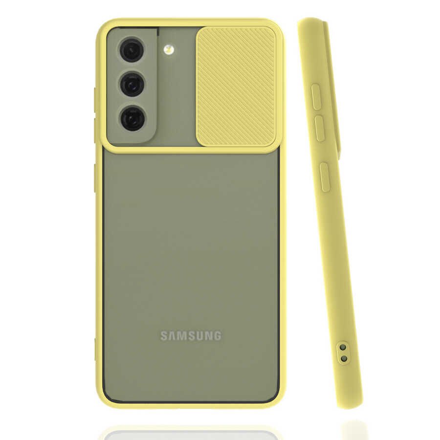Samsung Galaxy S21 FE Kılıf Slayt Sürgülü Kamera Korumalı Renkli Silikon Kapak Sarı
