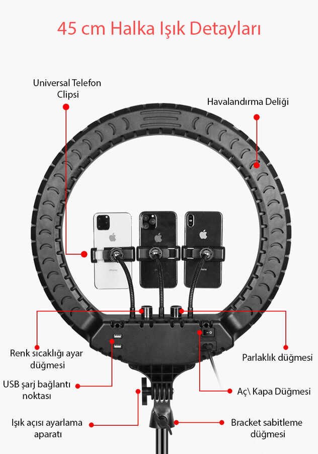 HEPTEKİLETİŞİM RL-18 Işıklı Telefon Tutucu Ring Light