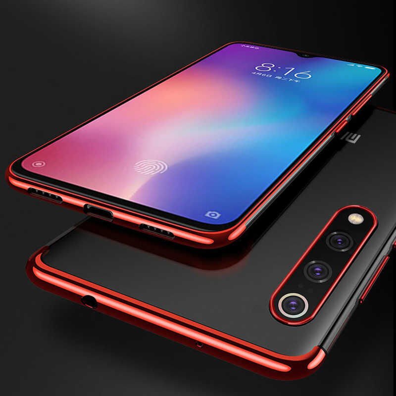 Xiaomi Mi 9 Kılıf Dört Köşe Renkli Lazer Şeffaf Silikon Kapak (GLİTTER) Kırmızı
