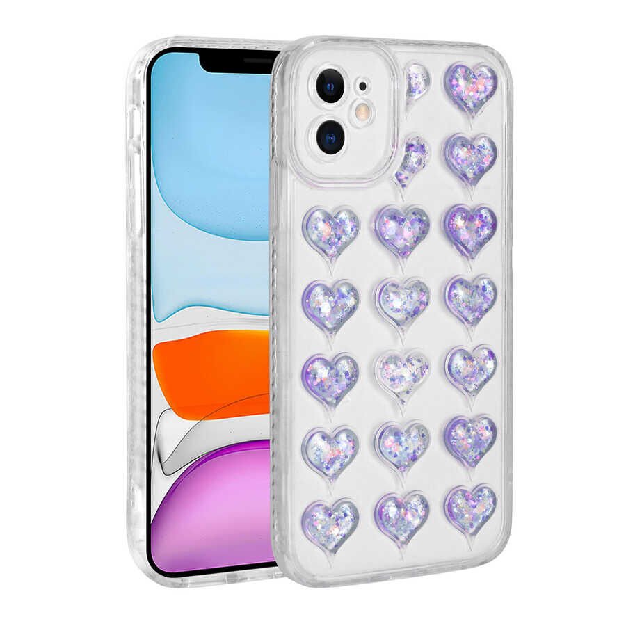 Apple iPhone 11 Kılıf Kamera Korumalı Renkli Kalp Desenli Transparan Kapak (Kalp) Kırmızı