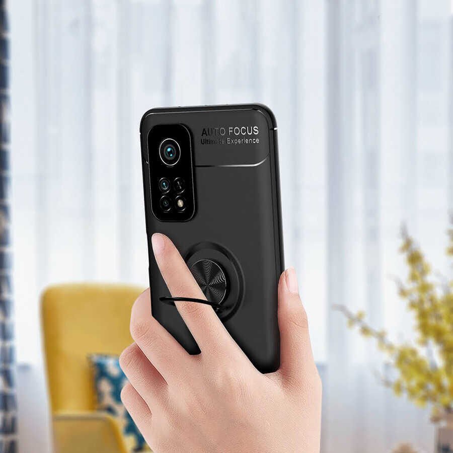 Xiaomi Mi 10T Pro 5G Kılıf Kamera Çıkıntılı Renkli Yüzüklü Standlı Mıknatıslı Kapak (RAVEL) Siyah-Rose Gold