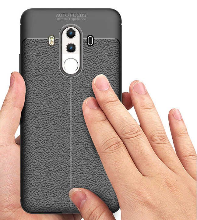 Huawei Mate 10 Pro Kılıf Deri Görünümlü Renk Atmayan Dayanaklı Silikon Kapak (NİSS) Siyah
