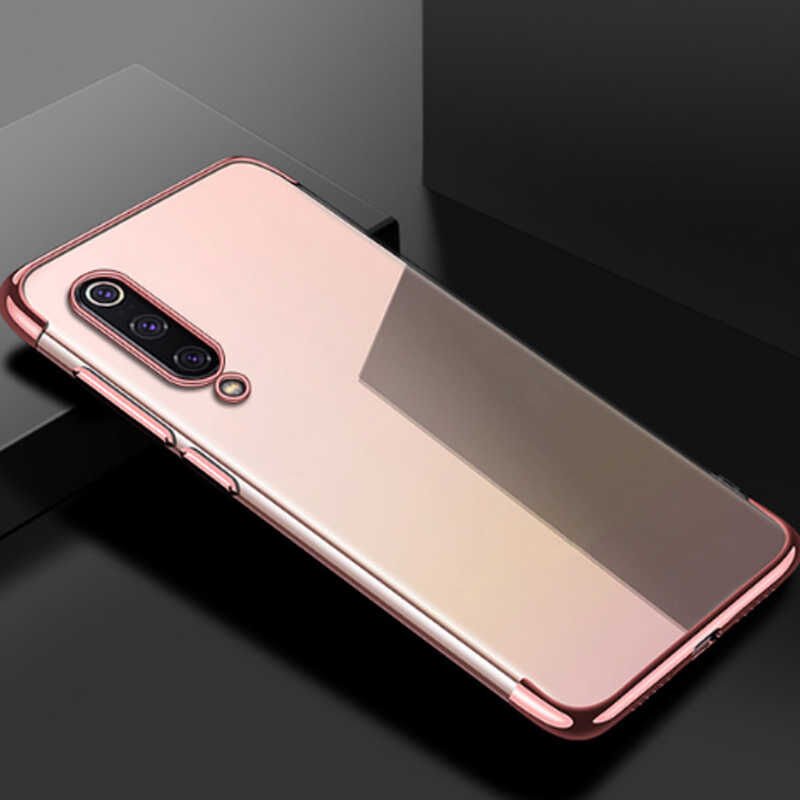 Xiaomi Mi 9 Kılıf Dört Köşe Renkli Lazer Şeffaf Silikon Kapak (GLİTTER) Rose Gold