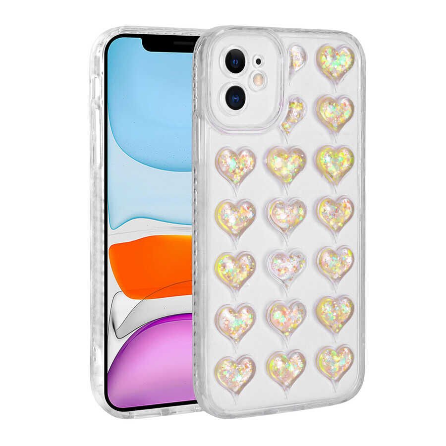 Apple iPhone 11 Kılıf Kamera Korumalı Renkli Kalp Desenli Transparan Kapak (Kalp) Sarı