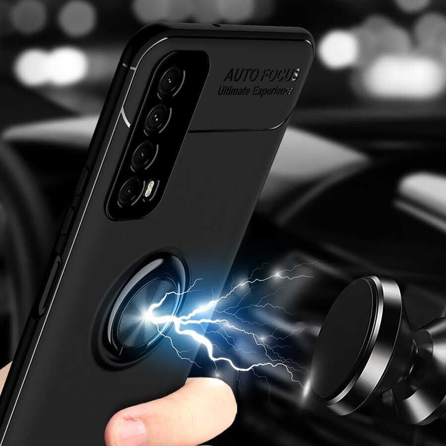 Huawei P Smart 2021 Kılıf Kamera Çıkıntılı Yüzüklü Standlı Mıknatıslı Kapak (RAVEL) Siyah-Rose Gold
