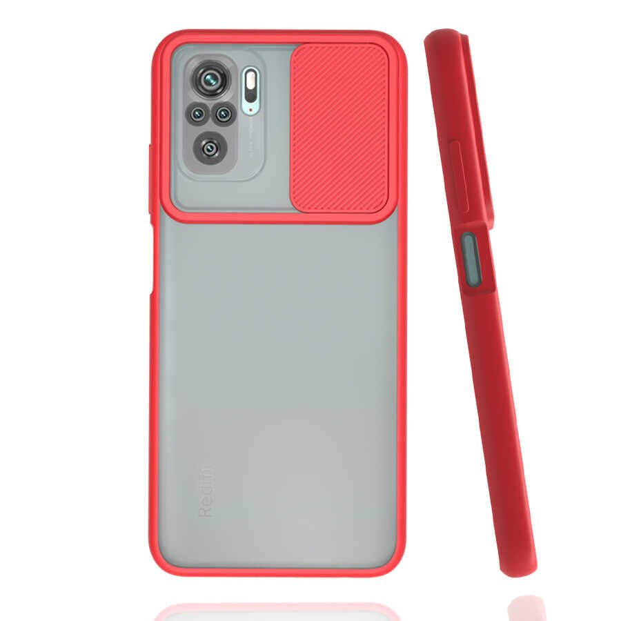 Xiaomi Redmi Note 10S Kılıf Slayt Sürgülü Kamera Korumalı Renkli Silikon Kapak Kırmızı